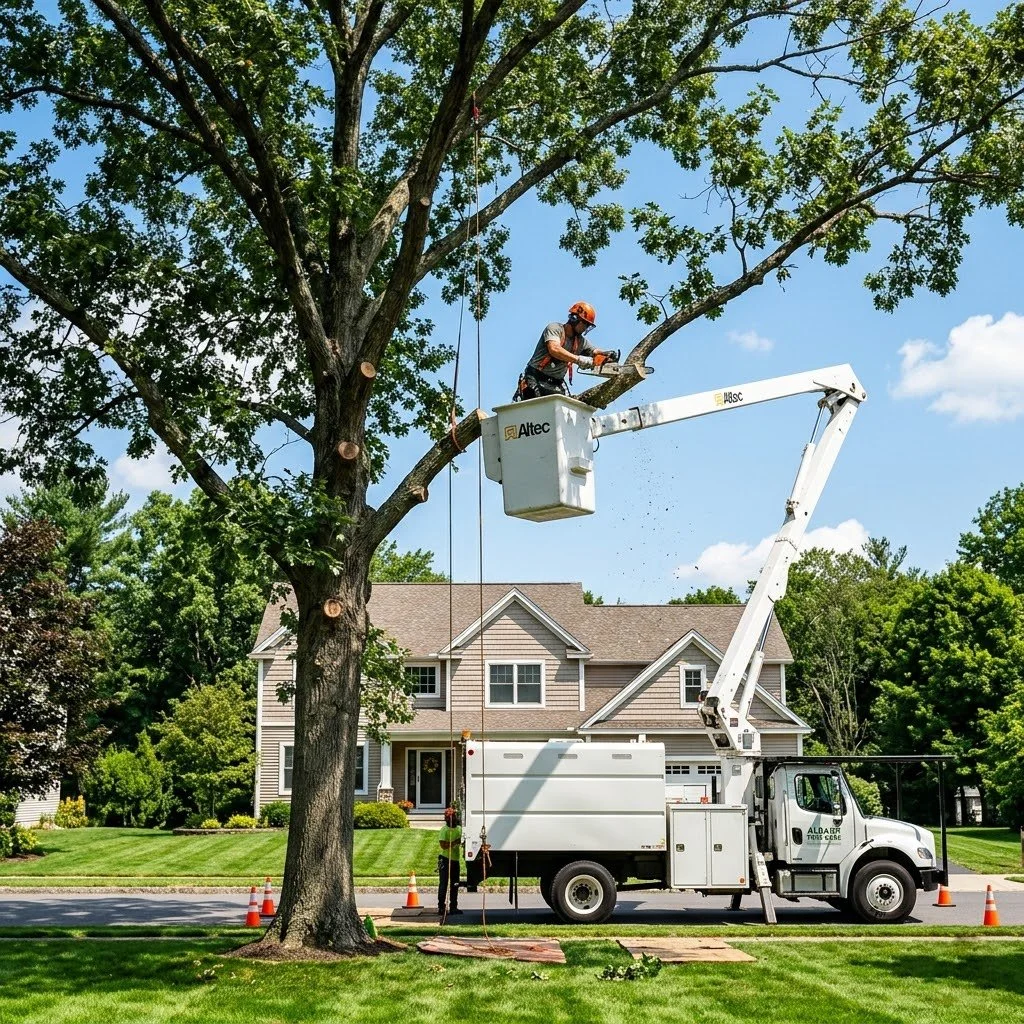Crane tree removal of a hazardous Ash tree infested with Emerald Ash Borer in Latham NY.