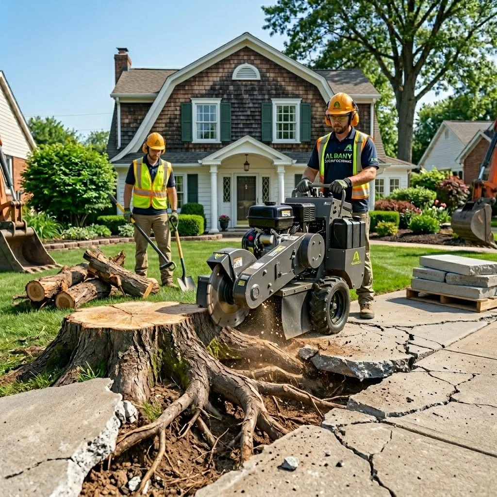 High-horsepower root removal in a Delmar NY backyard.