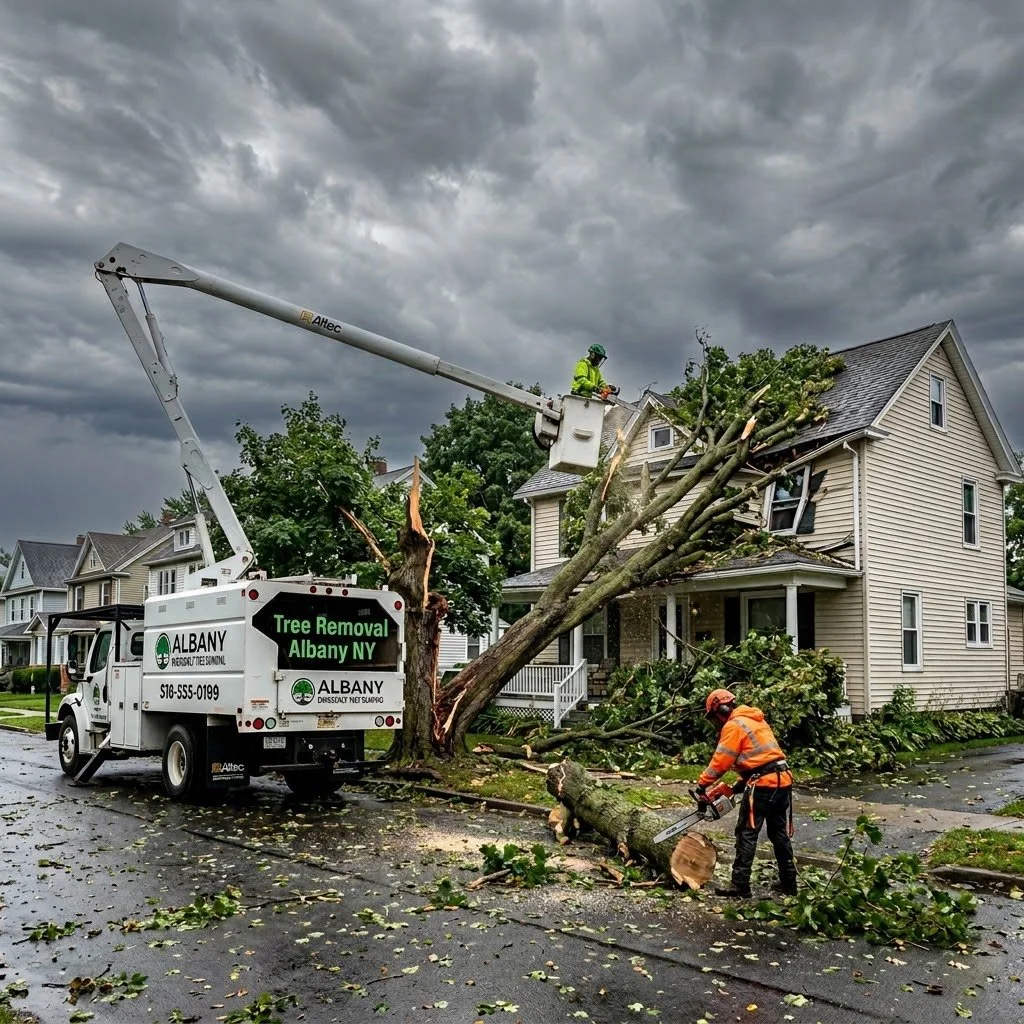 24/7 emergency tree removal crew clearing a fallen Silver Maple from a driveway in the Pine Hills neighborhood of Albany.