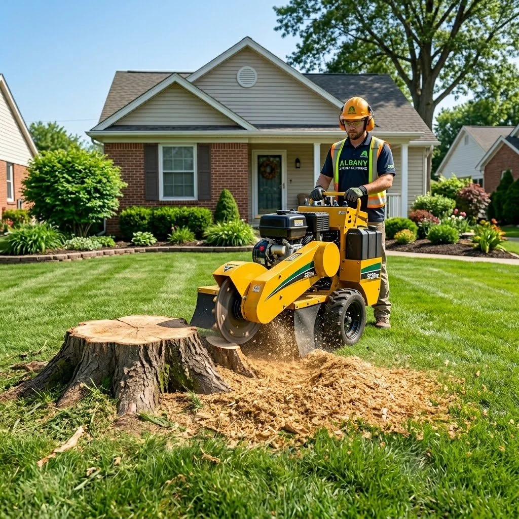 High-horsepower stump grinder removing a large Oak tree stump