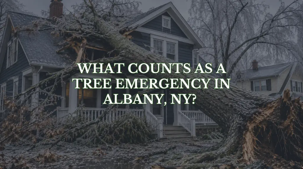 Fallen oak tree resting on Albany NY home after ice storm requiring emergency removal