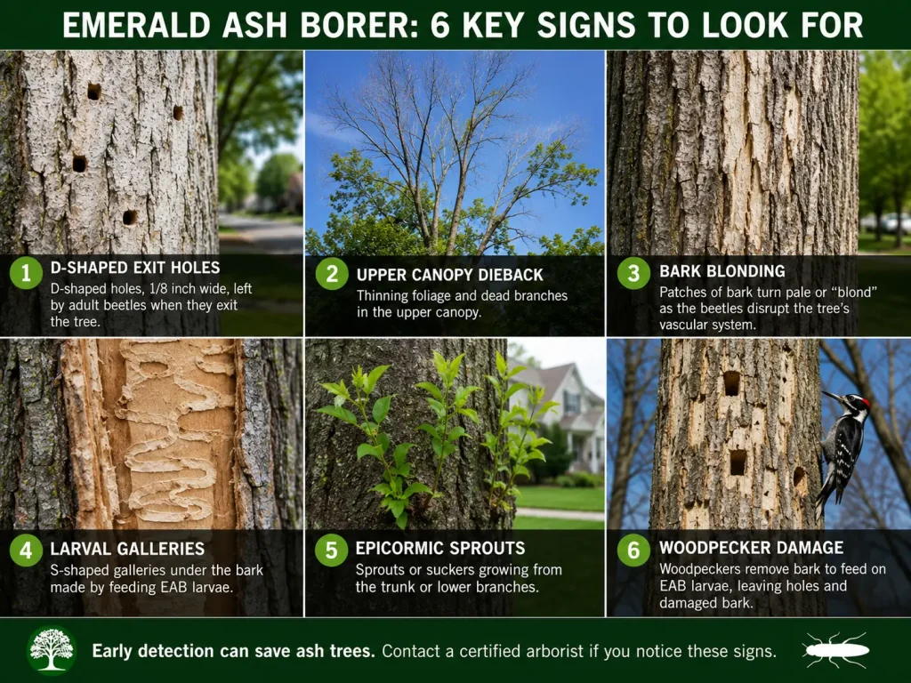 Six visual signs of emerald ash borer infestation on Albany ash trees.