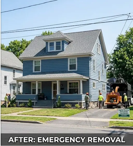 After emergency tree removal in Albany, NY: The same blue two-story residential house completely cleared of the fallen tree, with the roof fully repaired, a clean driveway, and a professional arborist crew packing up a wood chipper truck.