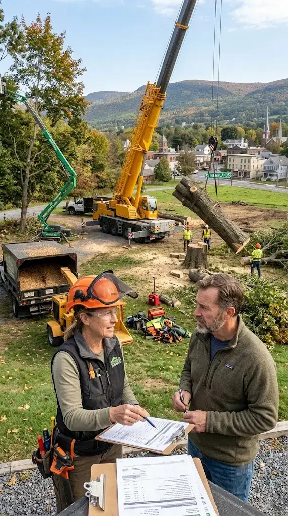 Arborist giving estimate to homeowner on Slingerlands property