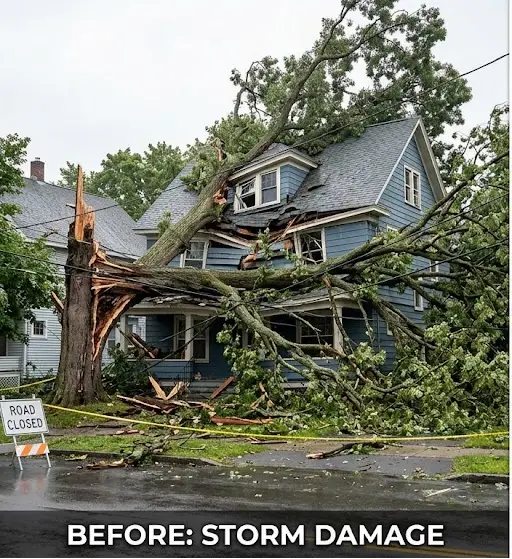 Before emergency tree removal in Albany, NY: A large storm-damaged tree has split and fallen onto the roof and front porch of a blue two-story residential house, causing severe structural damage amidst scattered debris and branches.