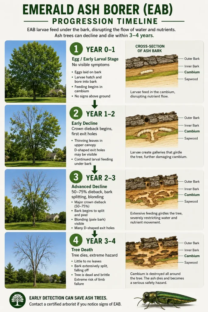 Emerald ash borer infestation timeline showing four stages from initial infestation to tree death in Albany NY