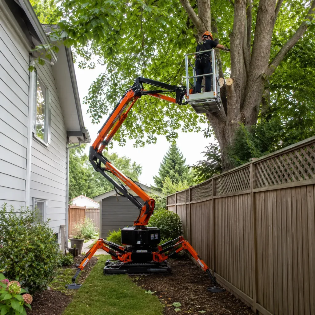 Spider lift for large tree removal in Albany NY backyard with limited access