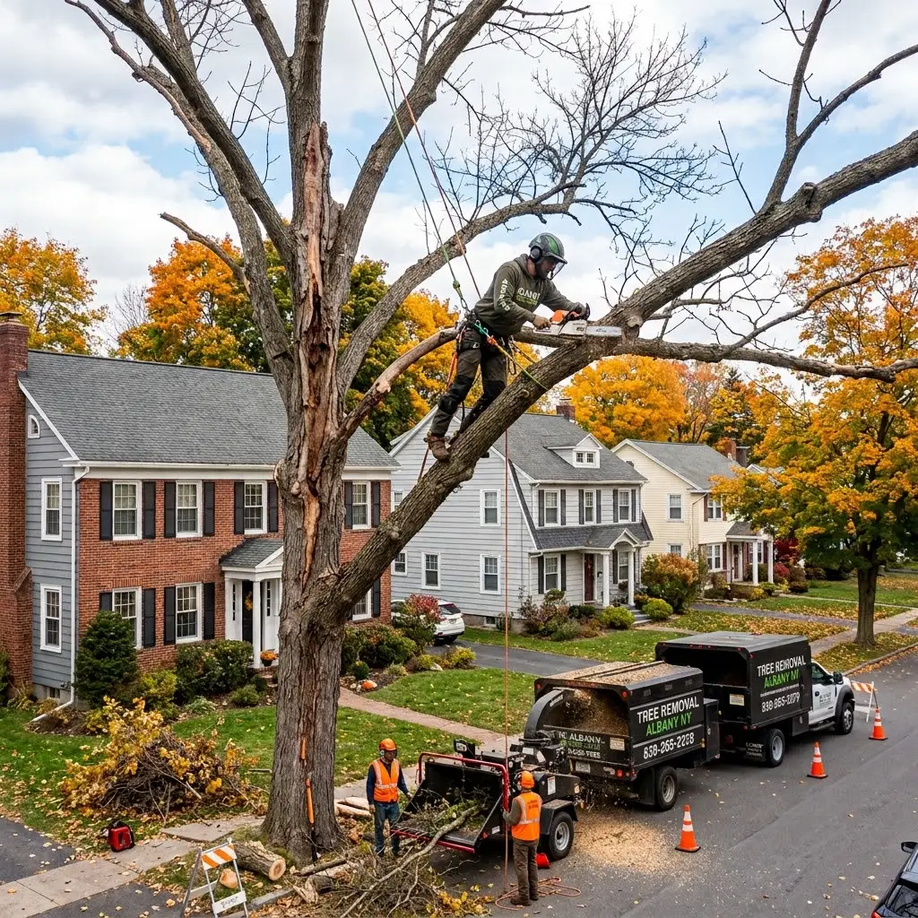 An aerial photograph of a professional arborist wearing safety gear and a harness, using a chainsaw to remove a large branch high up in a mature tree.