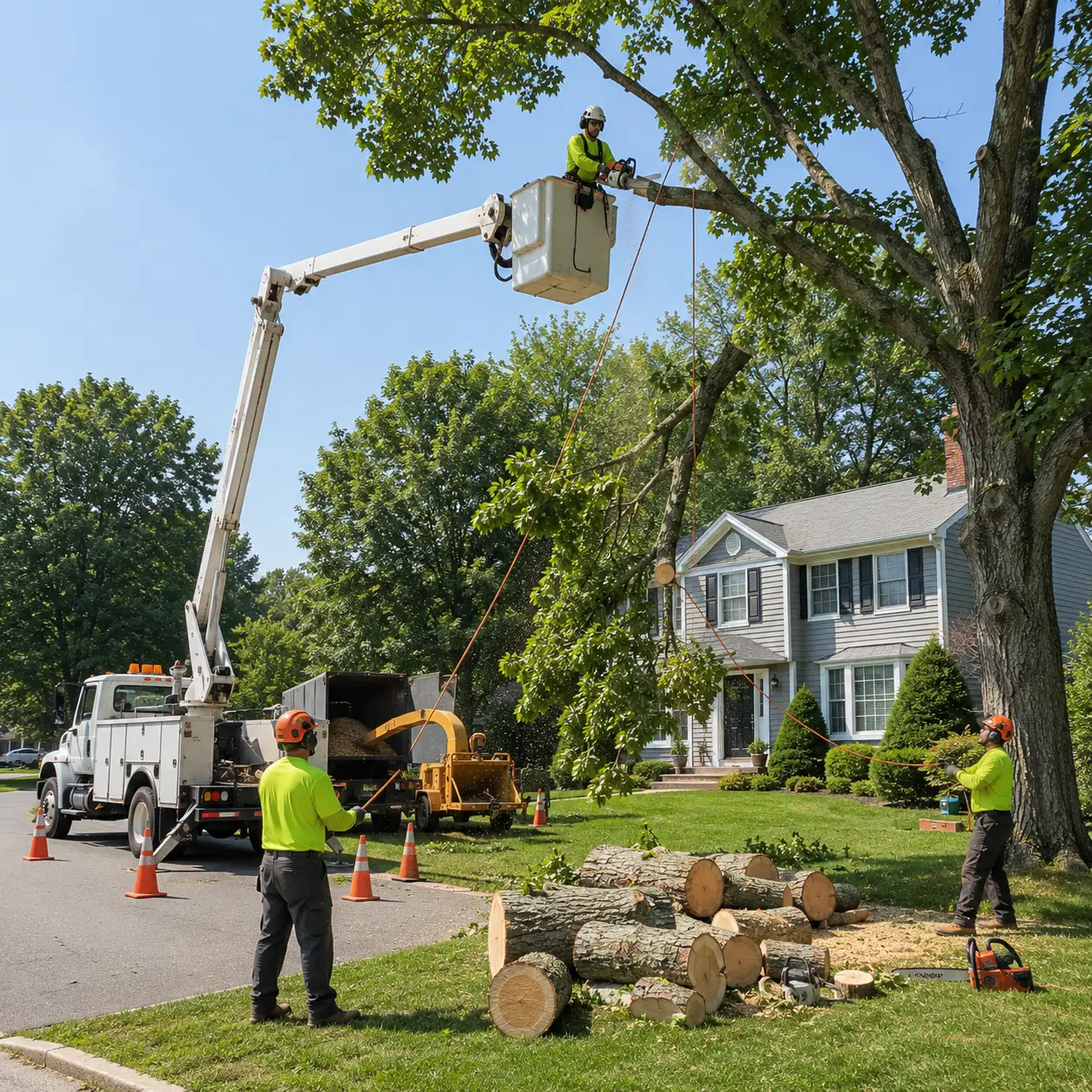 Licensed arborists performing sectional tree removal with a bucket truck at a residential property in Guilderland, NY