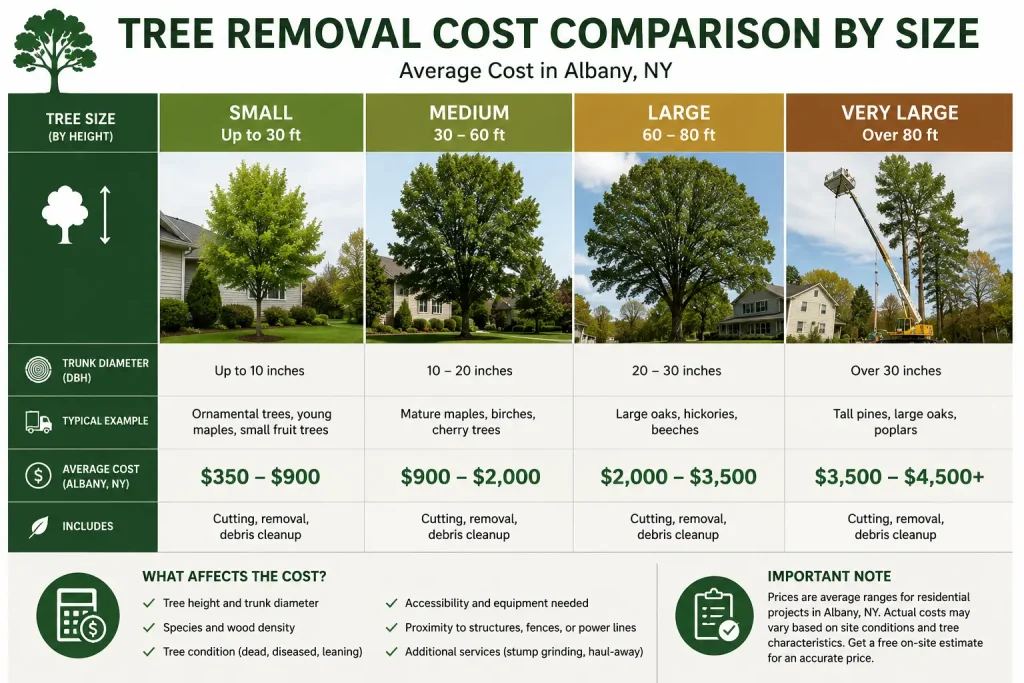 Tree removal cost comparison by size chart Albany NY